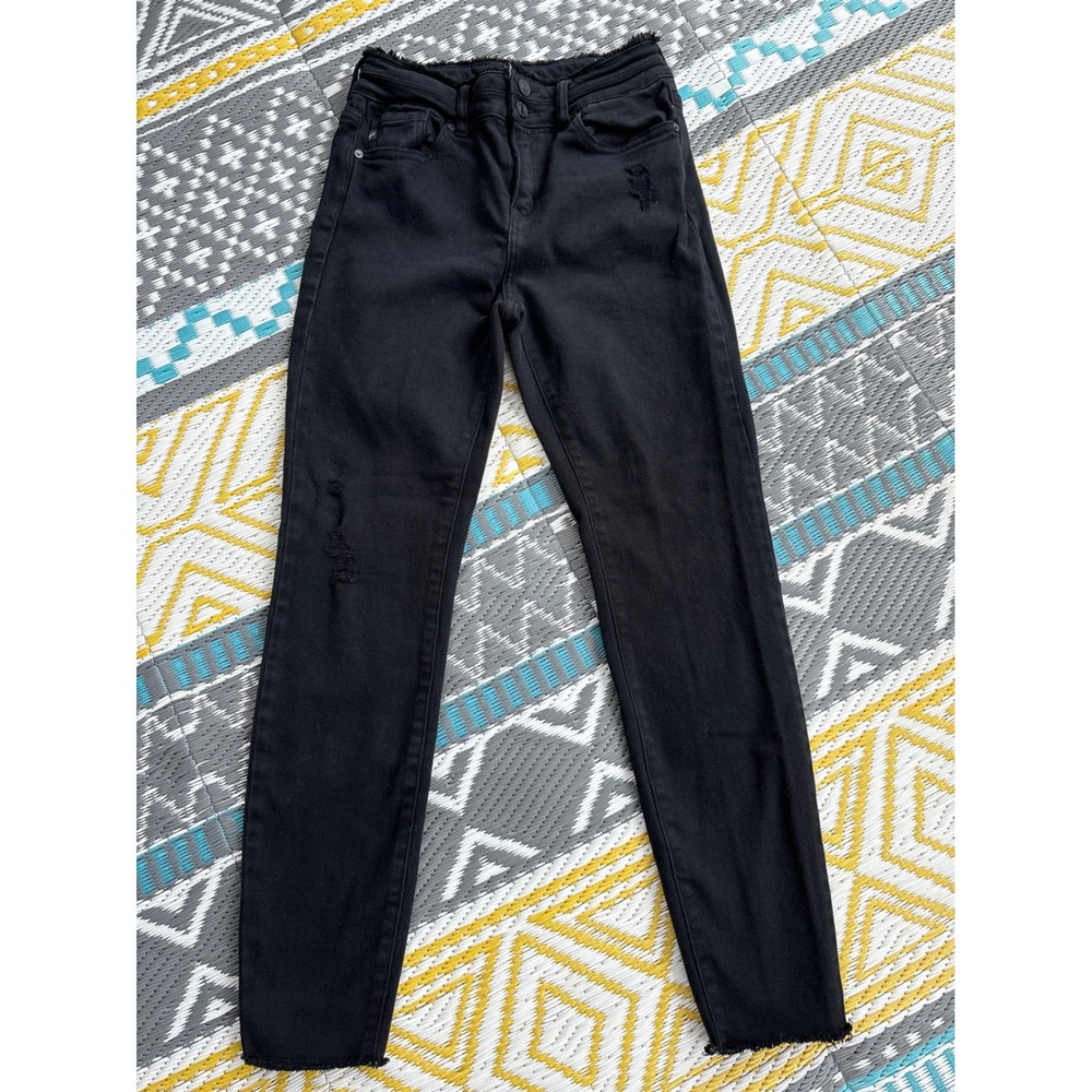 Kancan Los Angeles Womens High Rise Distressed Skinny Jeans Black Frayed Hem 25